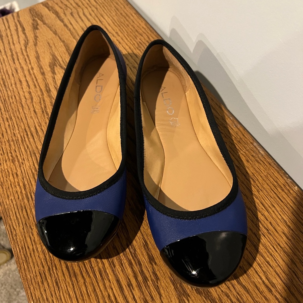 ALDO Blue Flats with Black Patent Cap Toe